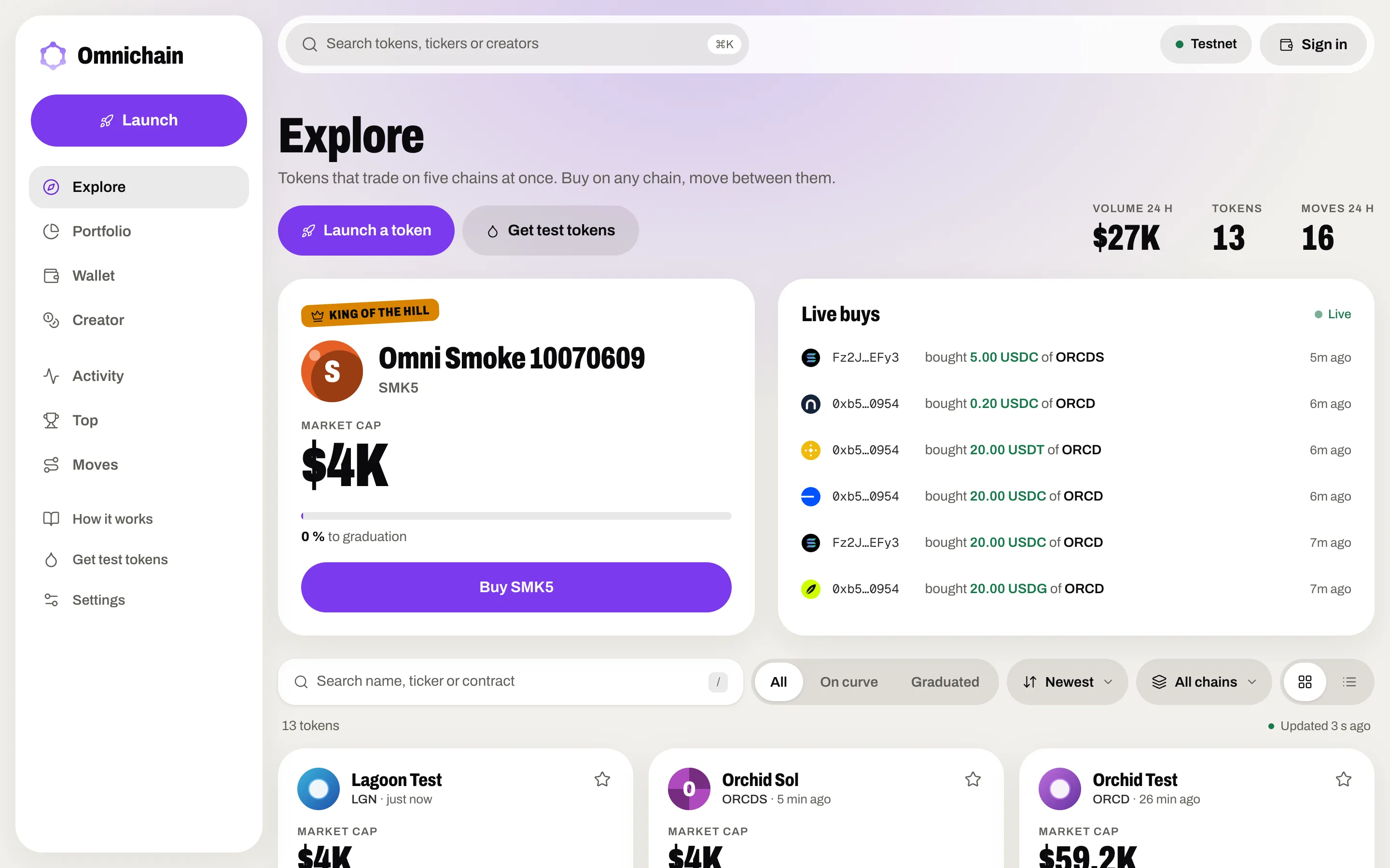 Explore: 24 hour volume, King of the Hill with its progress on each chain, and the tokens that just graduated.