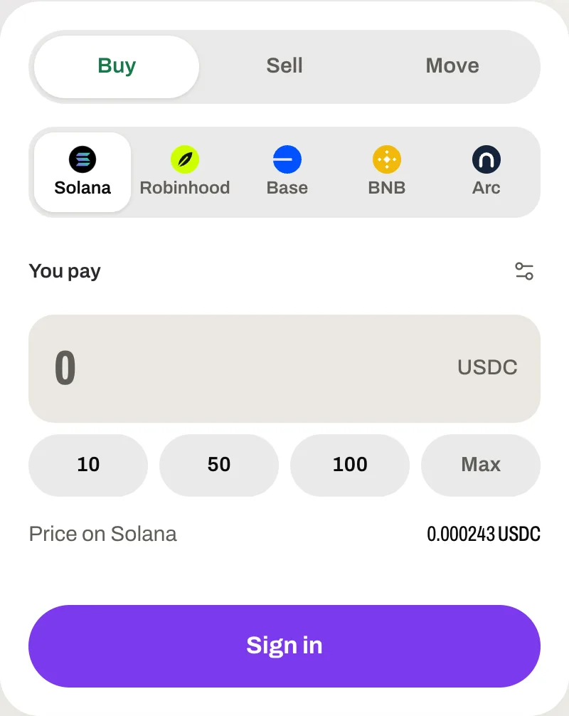 The trade panel: pick a chain, buy or sell, the price on that chain.